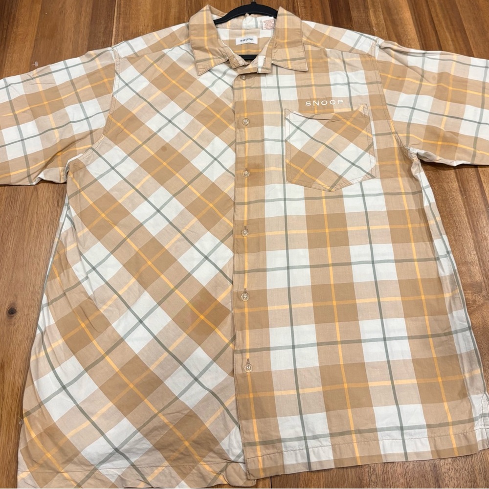 SNOOP Plaid Short Sleeve Button Up Shirt Mens Large Tan Cream Cotton